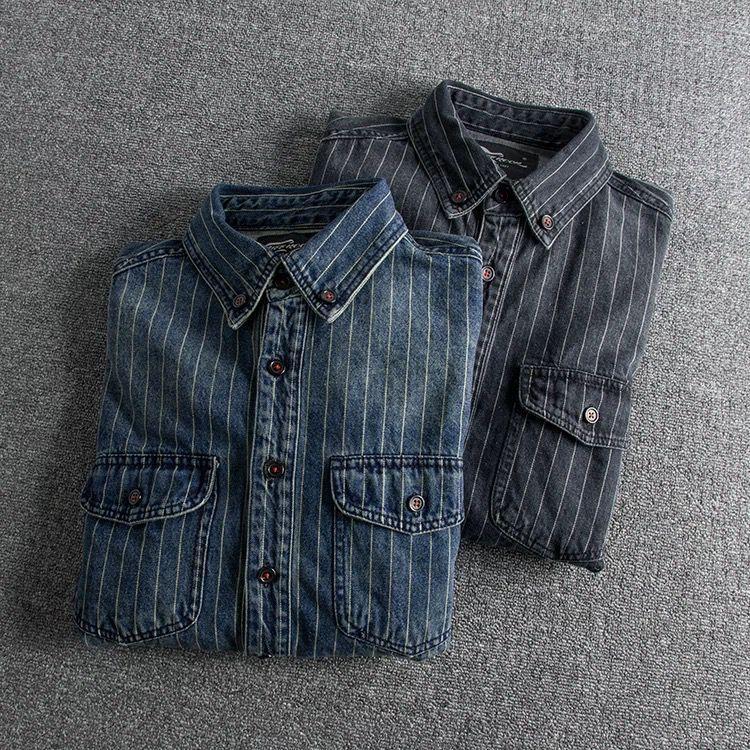 Retro Striped Denim Shirt Long Sleeve Coat Slim Fit