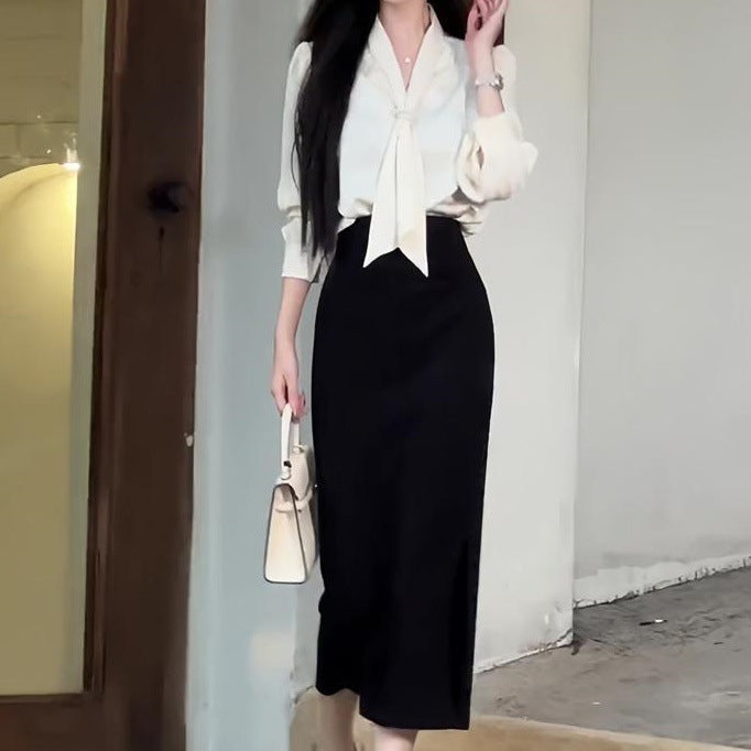 High Waist Slit Skirt for Women in Apricot & Black, Sizes S-XL