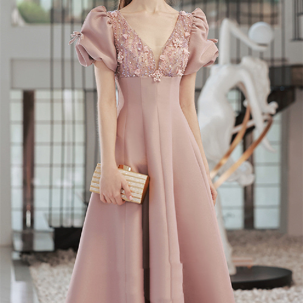 Robe rose taille haute à manches bulles pour femme
