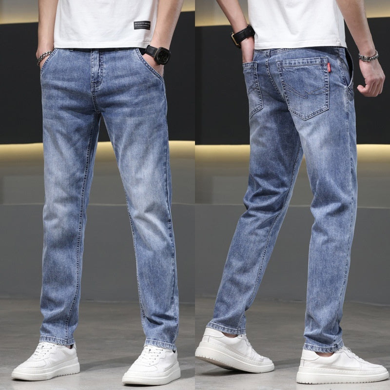 Men's Slim Fit Straight Jeans Mid Waist Cotton