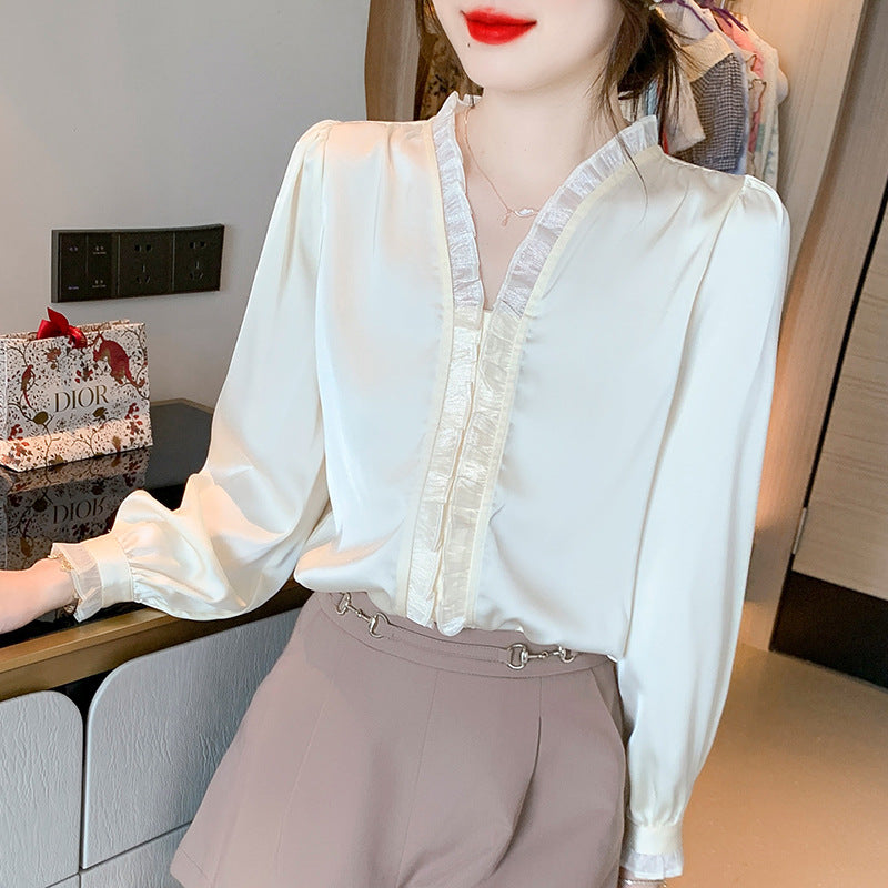 Sweet Wood Ear Apricot Chiffon V-Neck Shirt Women