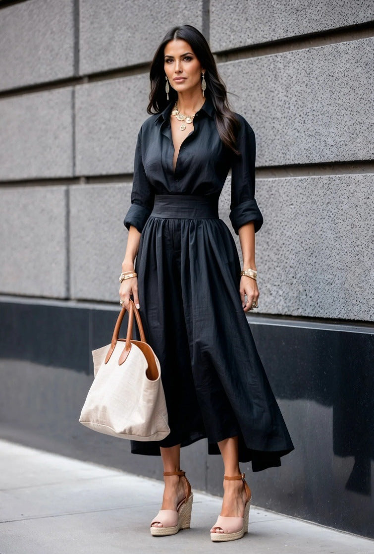 V-neck Tight Waist Long Dress Women