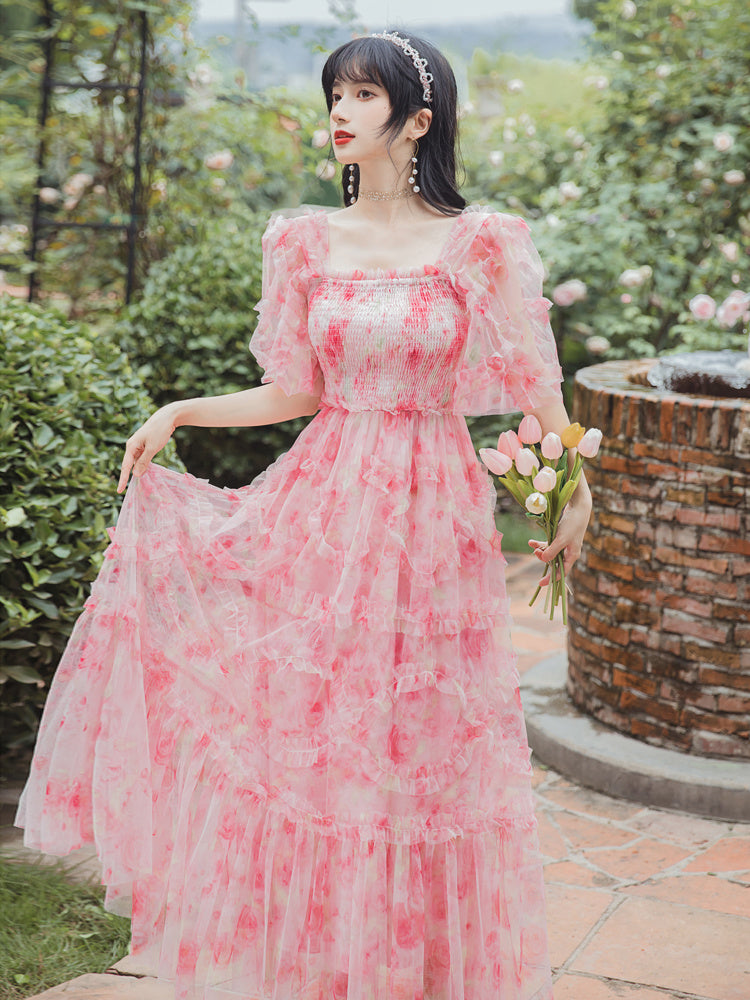 French Vintage Pink Chiffon Floral Mesh Dress Short Sleeve