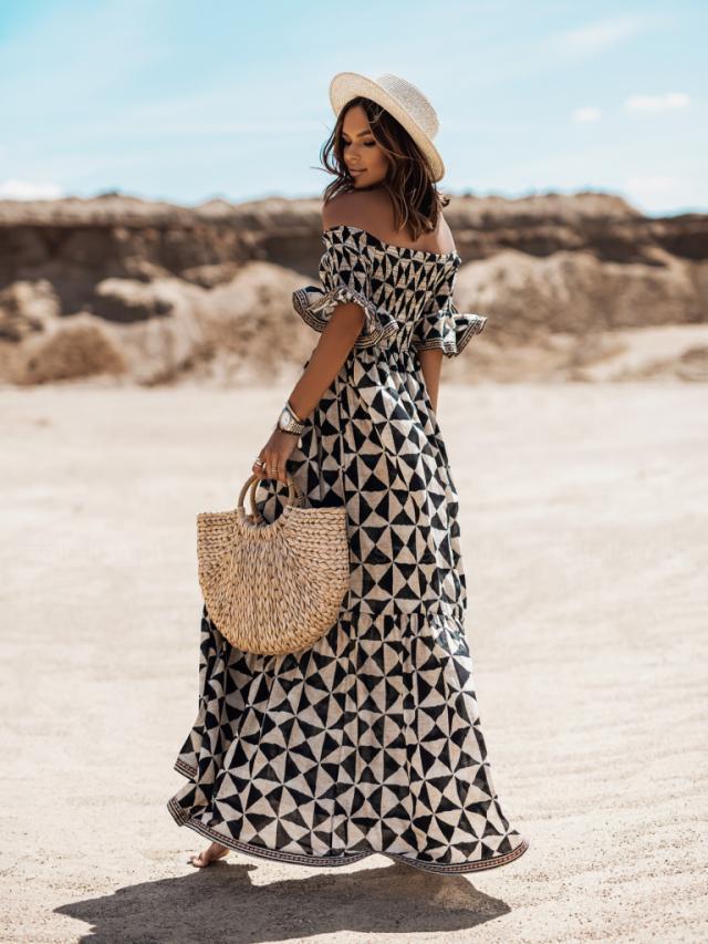 Women’s One Word Collar Sexy Printed Mid-Waist Long Dress