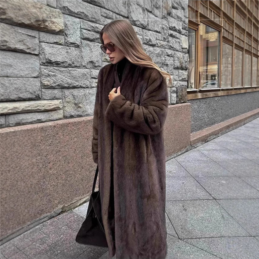Women's Brown Long Wool Overcoat Personalized Fashion XS-XL