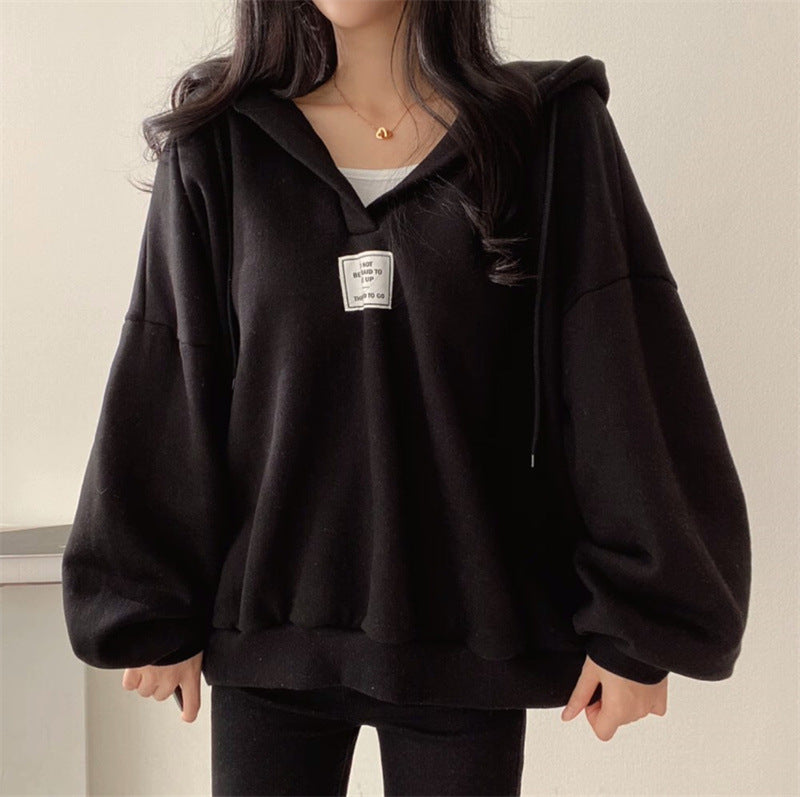 Womens Loose-Fit Hooded V-Neck Sweatshirt with Lace-Up Detail