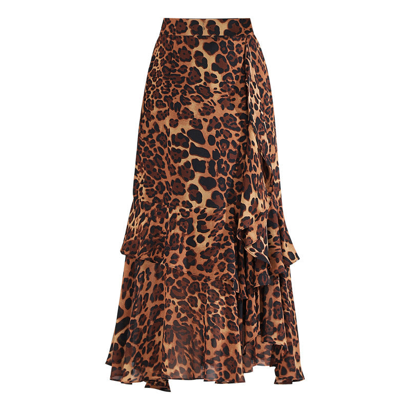 Leopard Print Ruffled Chiffon High Waist Asymmetric Skirt