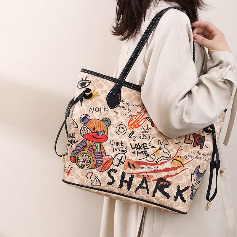 Printed Bear Graffiti Handbag Large Capacity Versatile