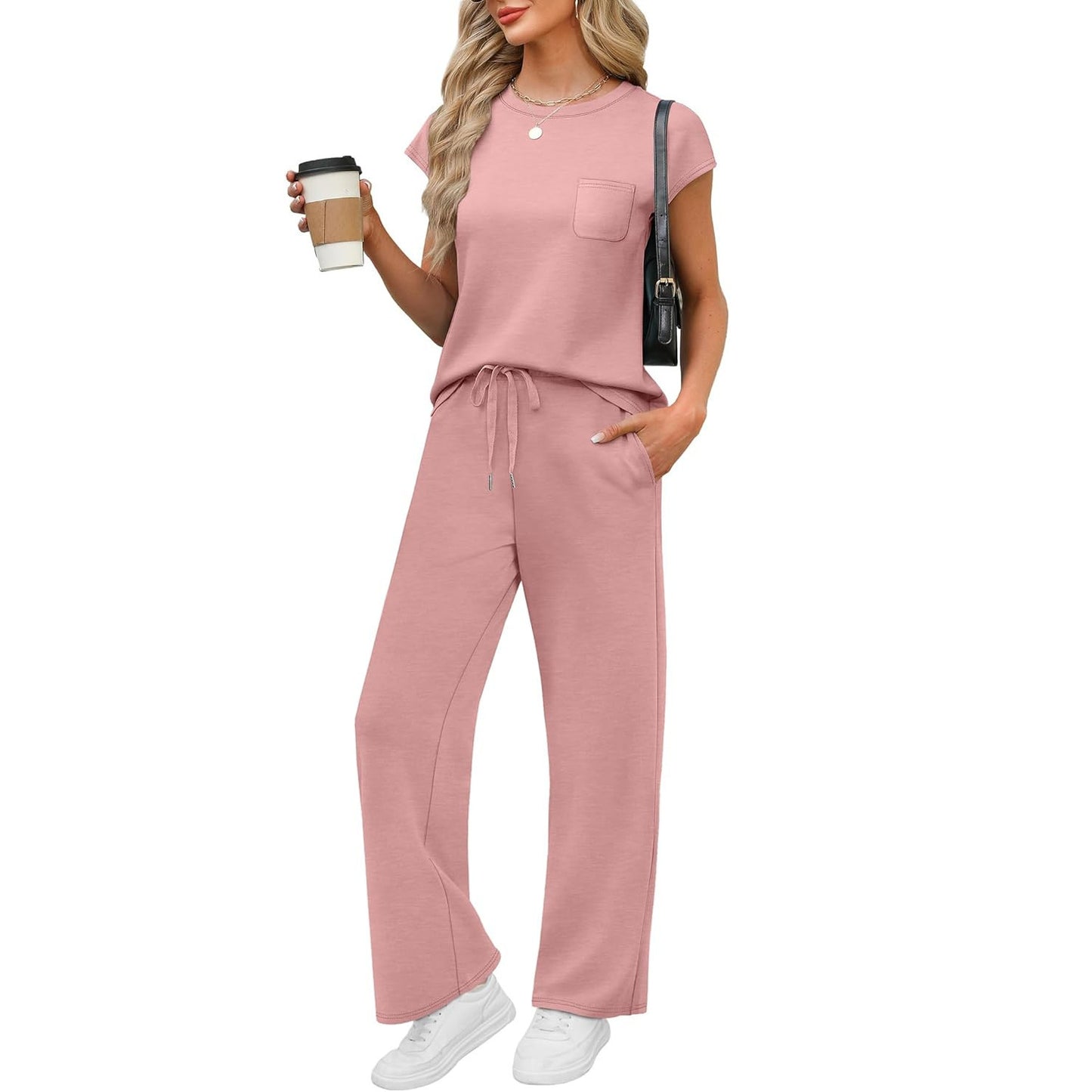Round Neck Loose Short Sleeves Pocket Two-piece Pants Casual Suit