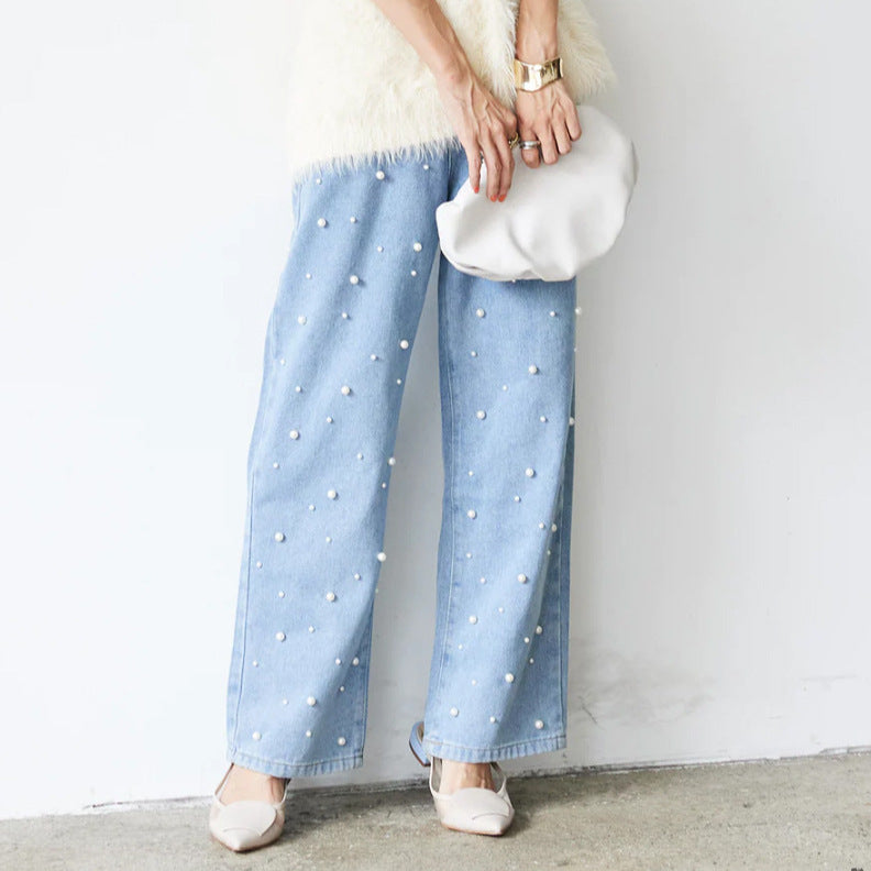 Heavy Industry Pearl Buckle Women's Blue Loose Wide Leg Jeans