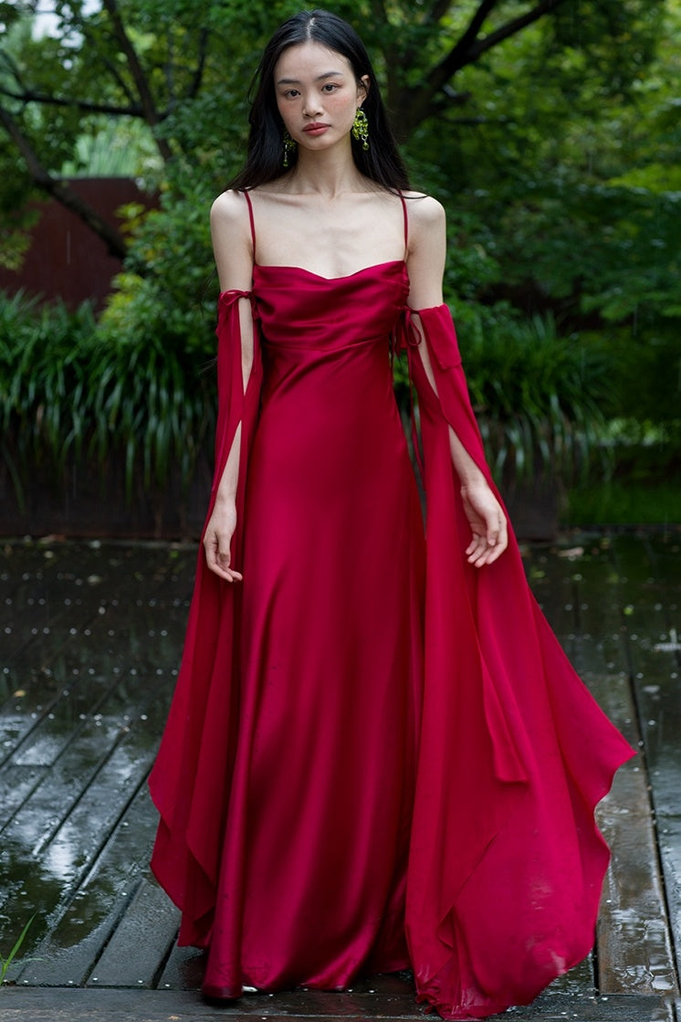 Robe de mariée de luxe en satin acétate rouge vin pour femme