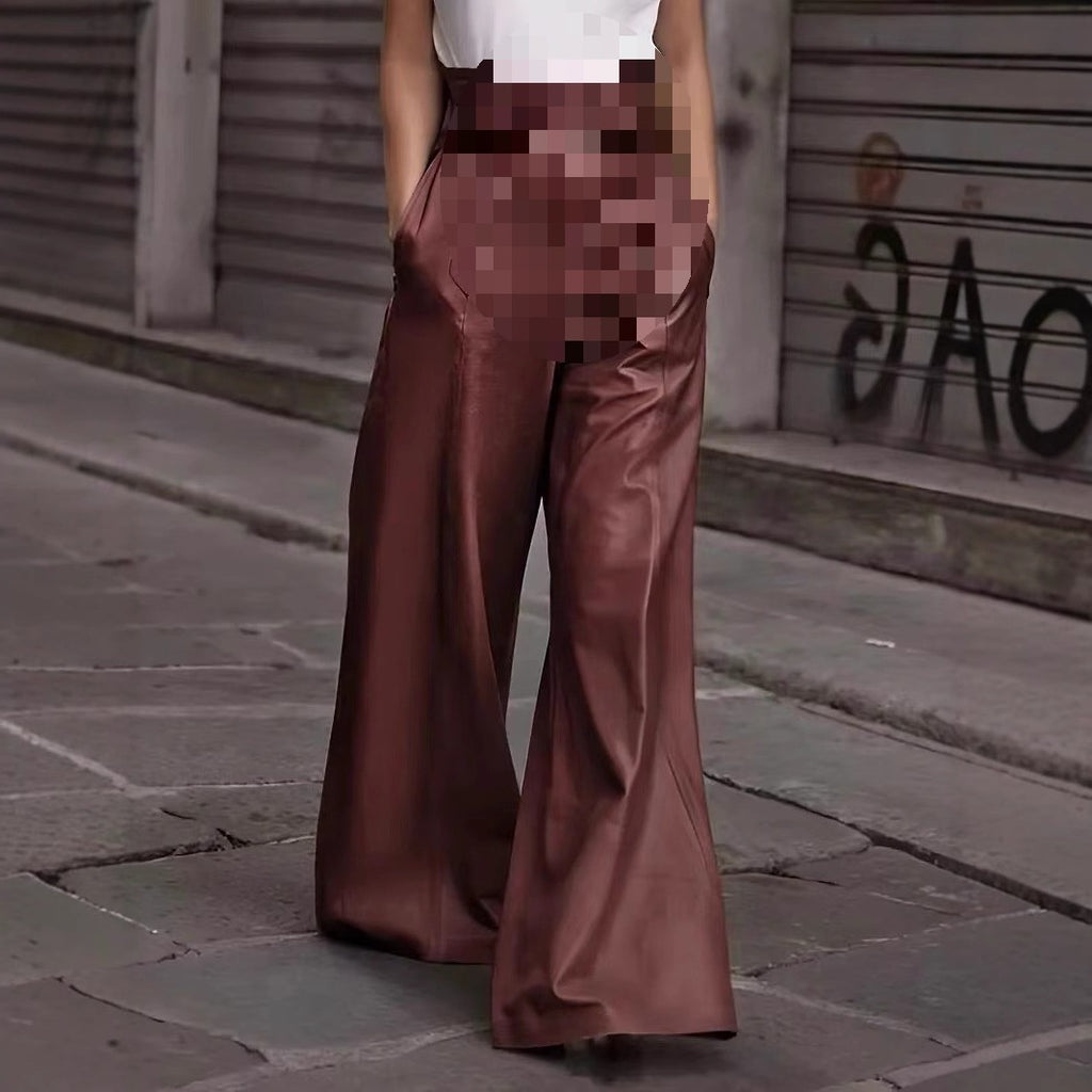 High Waist PU Leather Casual Trousers with Pockets