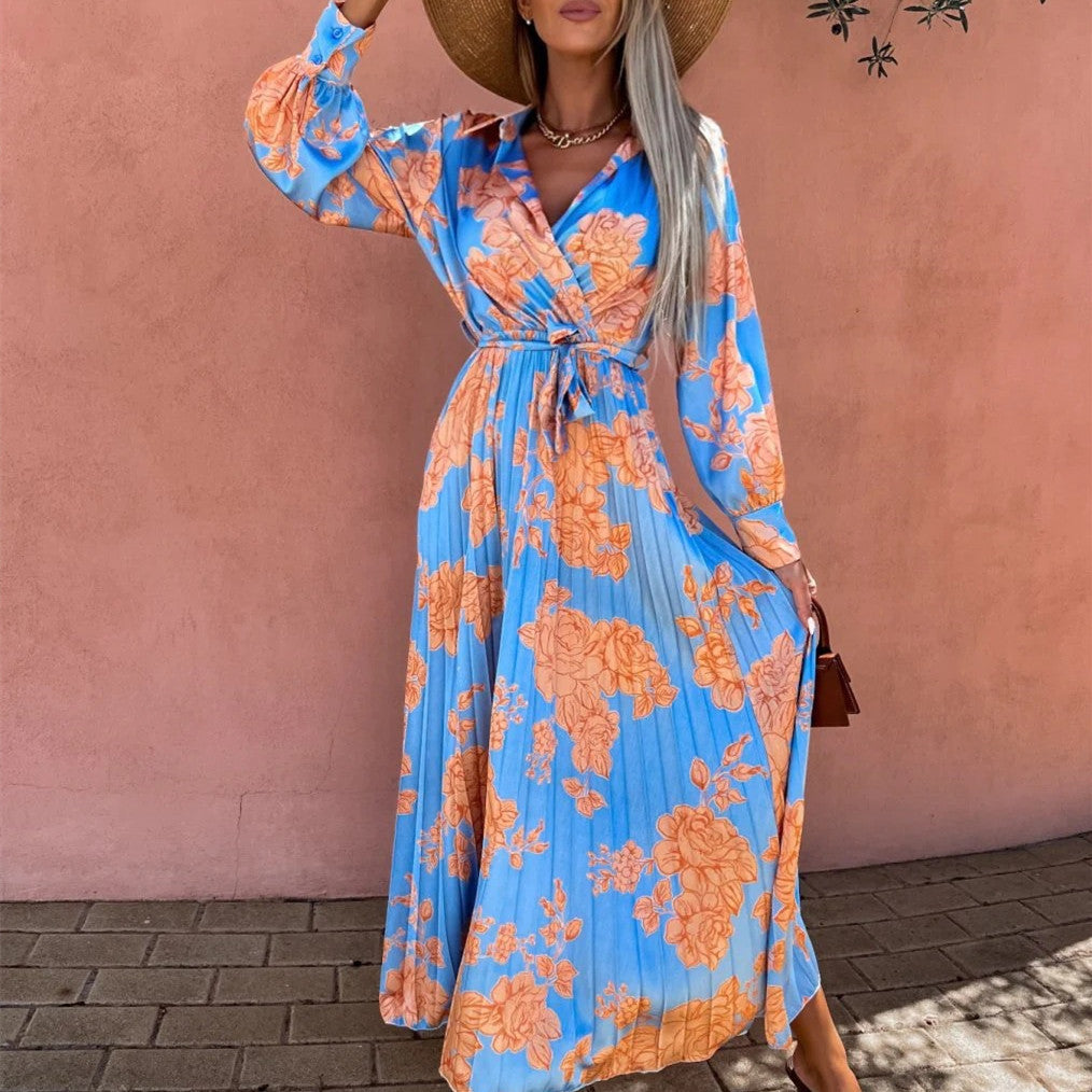 Women's V-Neck Pleated Waist Dress with Floral Print