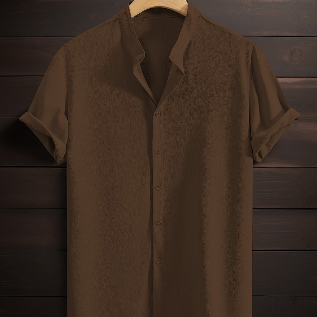 Men's Casual Breathable Polyester Short Sleeve Stand Collar Shirt