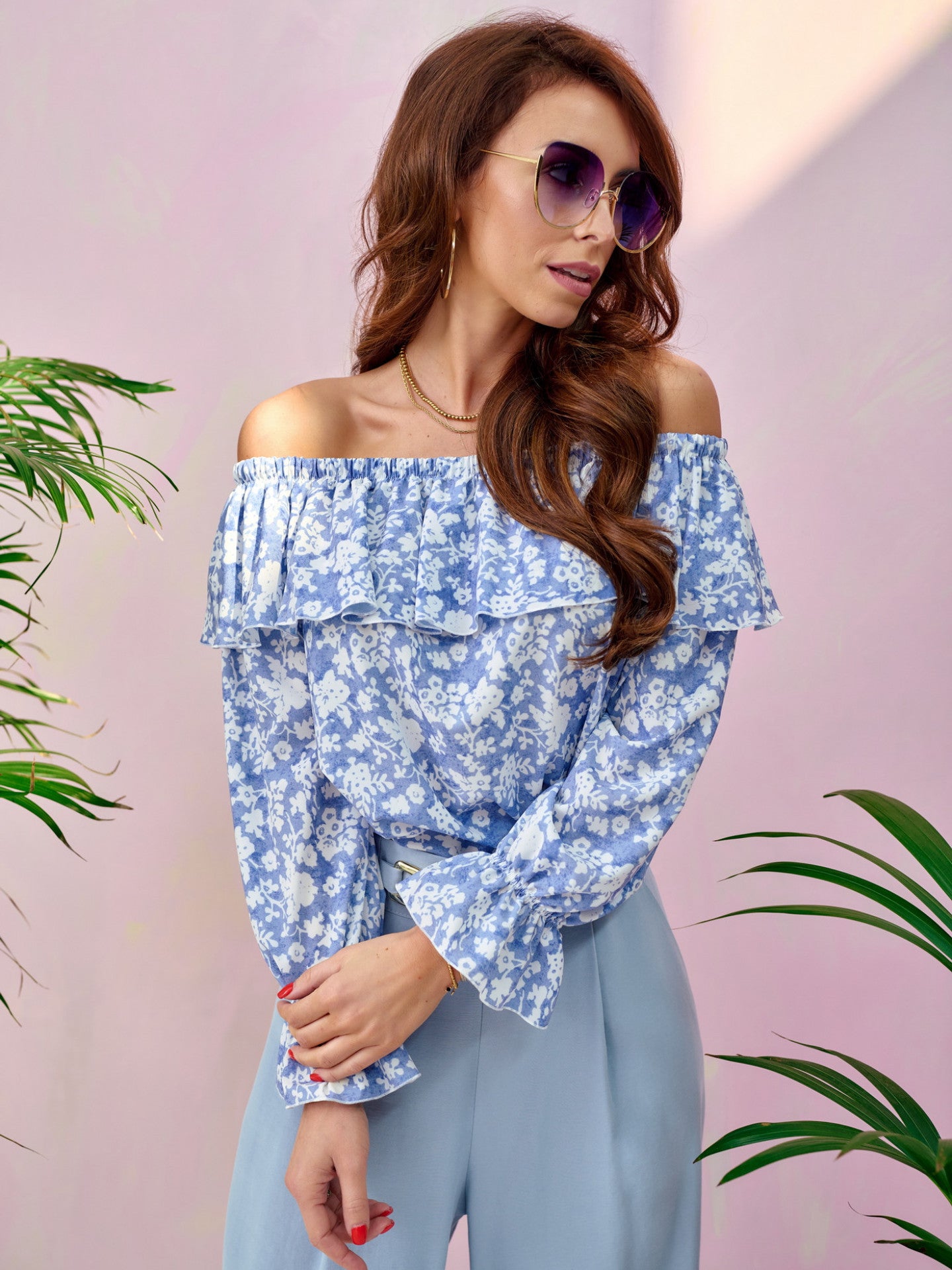 Loose Ruffle Off Shoulder Long Sleeve Floral Top