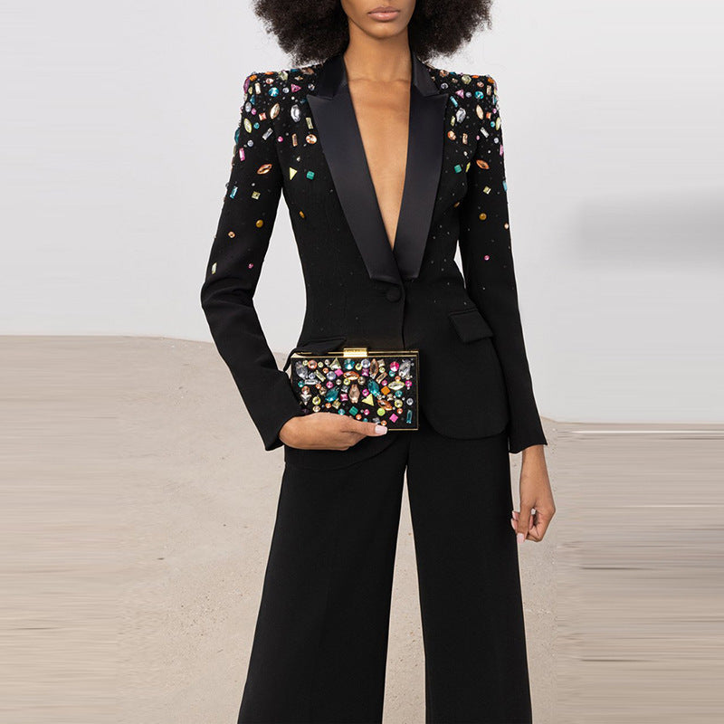 Beaded Color Diamond Two-Piece Suit Coat and Pants Black Polyester