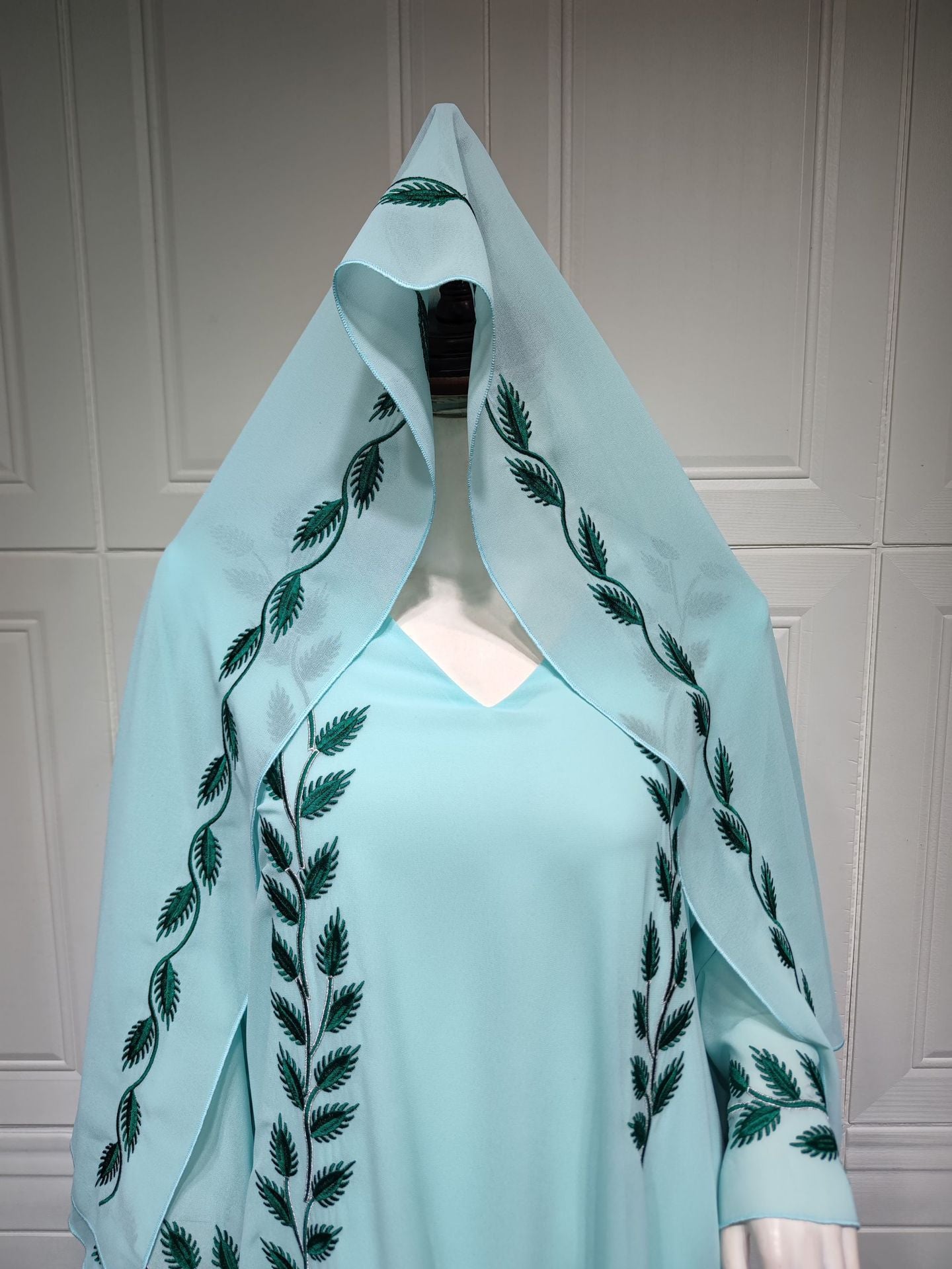 Chiffon Long Islamic Embroidered Crew Neck Dress With Headscarf