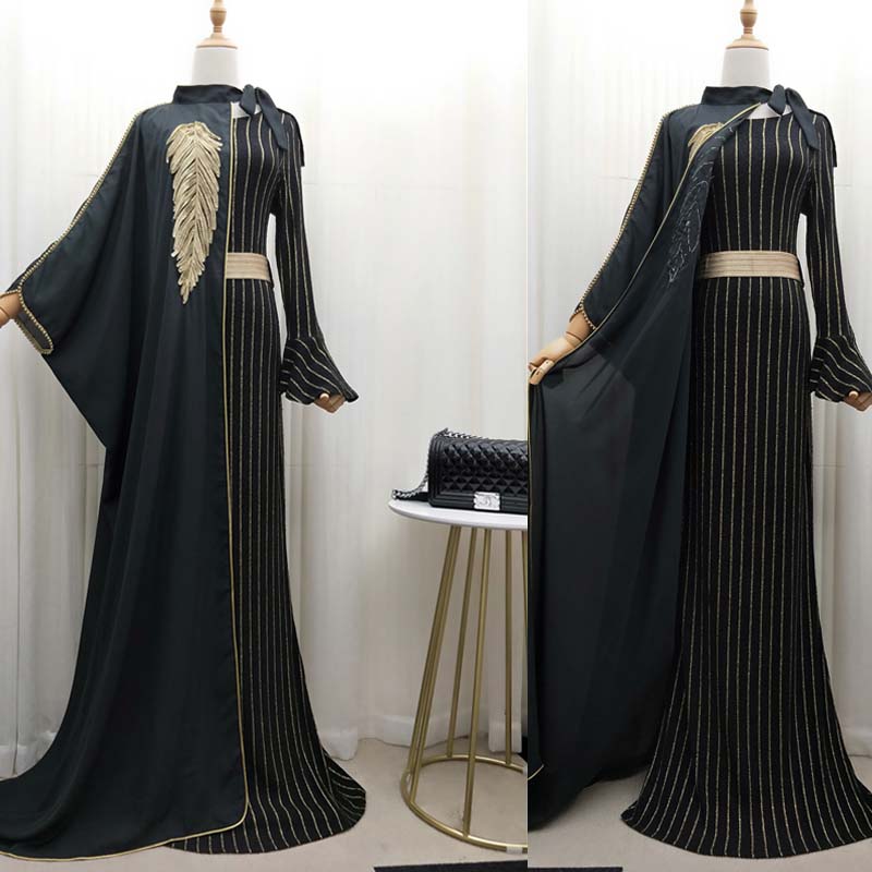 Robe-kimono rayée deux pièces style royal avec broderie de perles et cape Talma pour femmes musulmanes