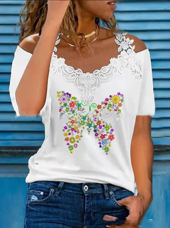 V Neck Lace Shoulder Short Sleeve Casual Top