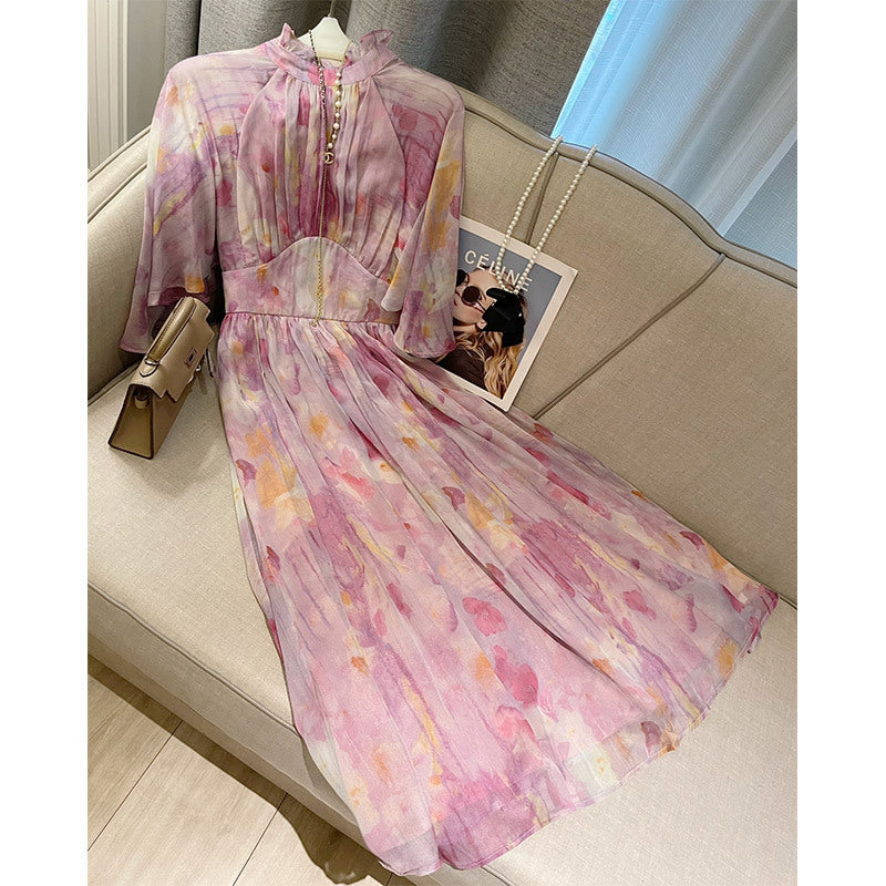 Tea Break Pink Floral Chiffon A-Line Dress