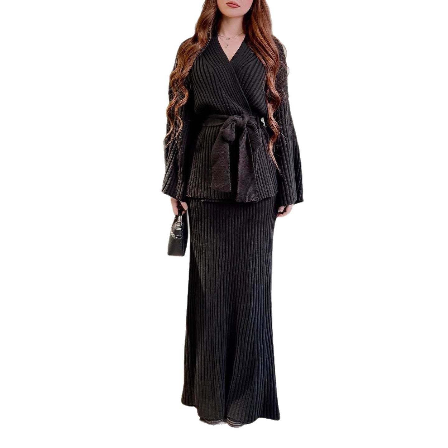 V-Neck Ribbed Sweater Knit Wrap Dress with Straight Skirt & Bow Tie