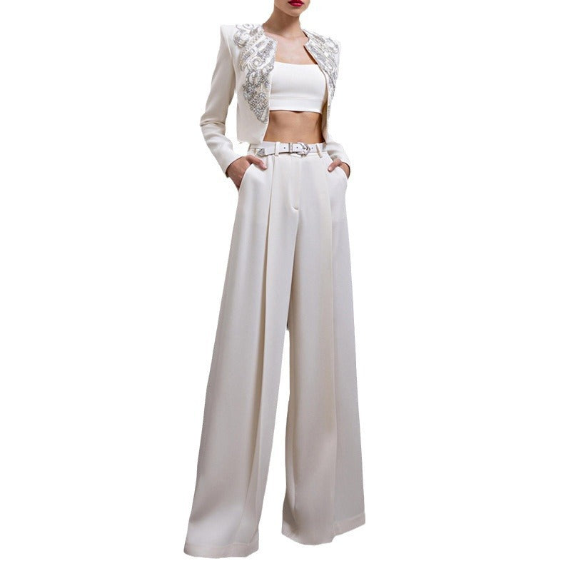 Graceful And Fashionable British Style Heavy Industry Beads Short Jacket Straight-leg Pants Wide Leg Suit