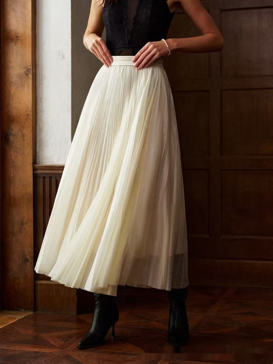 French Style White Pleated High Waist Chiffon Skirt