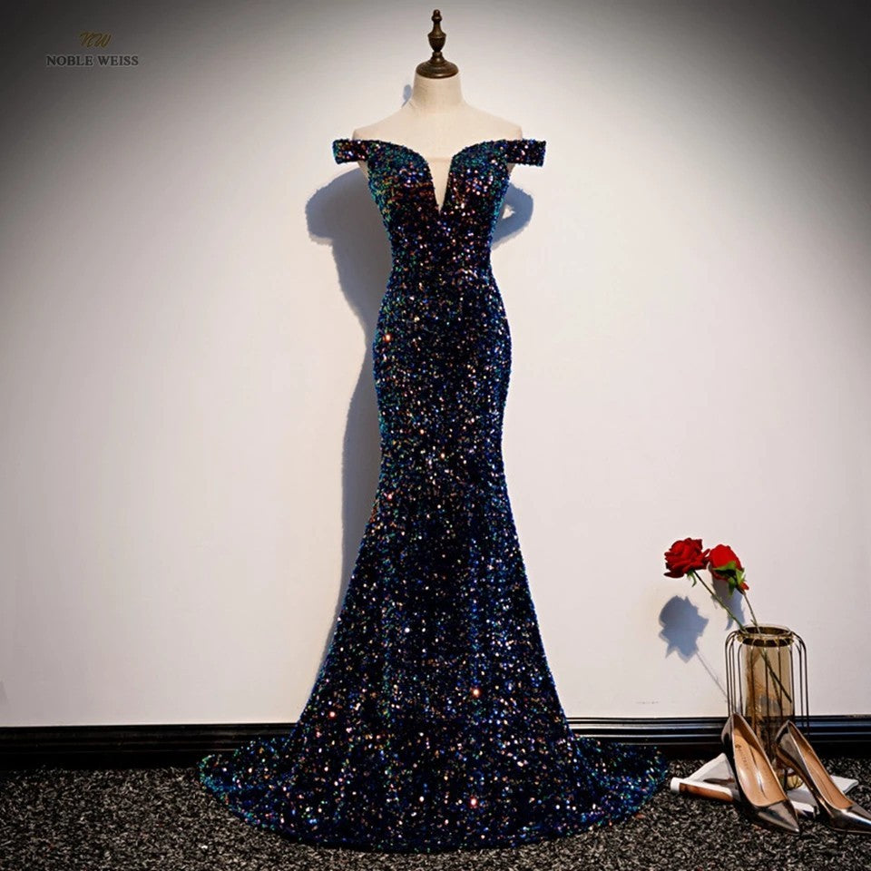 Navy Banquet Long Fishtail Sequined Dress with Trailing Skirt
