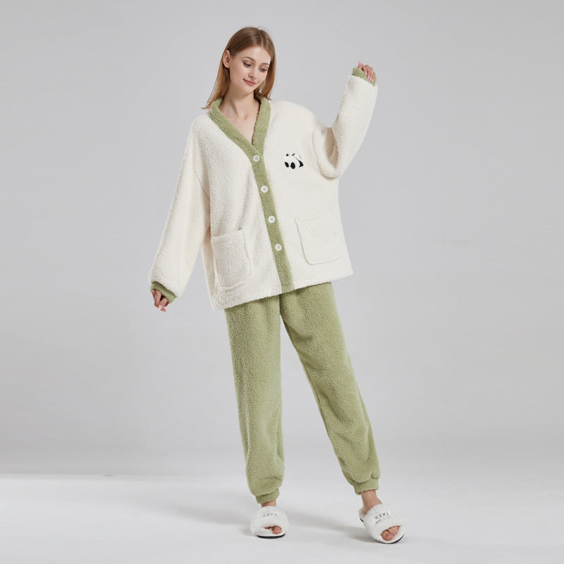 Winter Couple Pajamas Women Thickened Coral Fleece Half Velvet Cartoon Panda Suit