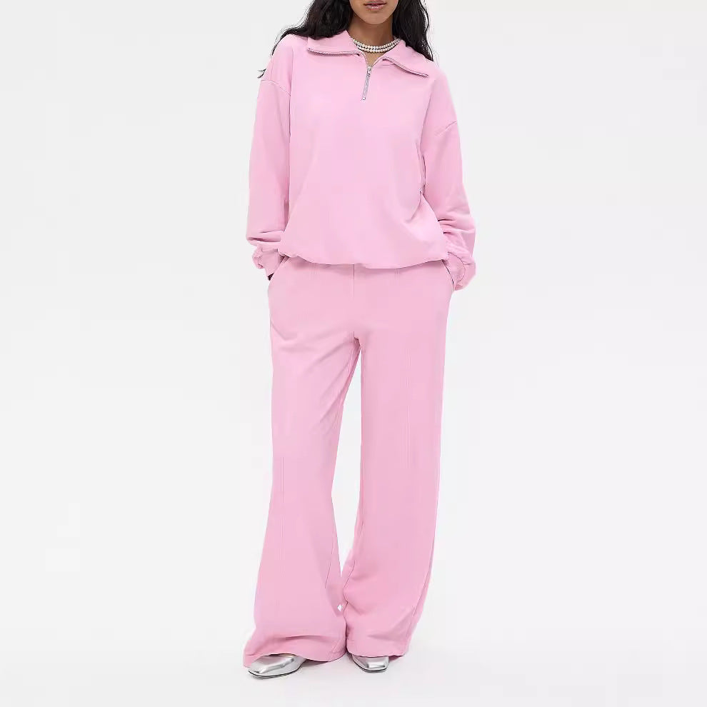 Women's Fashion Long-Sleeve Sweater Set with Pants Polyester Pink Black S-XL