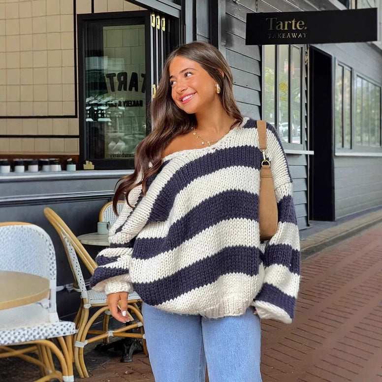 Loose Knitted Pullover Sweater with Oblique Shoulder for Fall Winter
