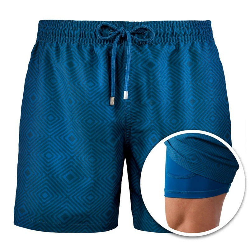 Men's Printed British Stripe Beach Shorts Double Layer Cotton Blend