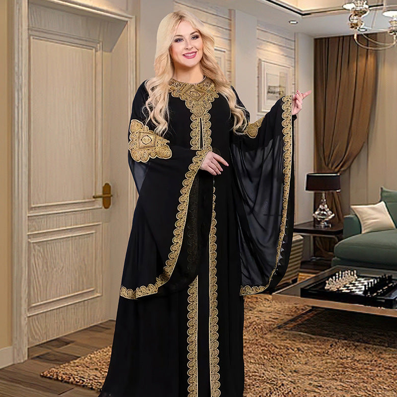 Bell Sleeve Embroidered Gold Lace Arabian Gulf Dress