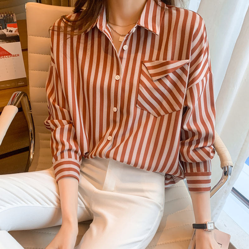 Striped Polyester Cardigan Shirt for Women – Spring & Autumn Slim Fit