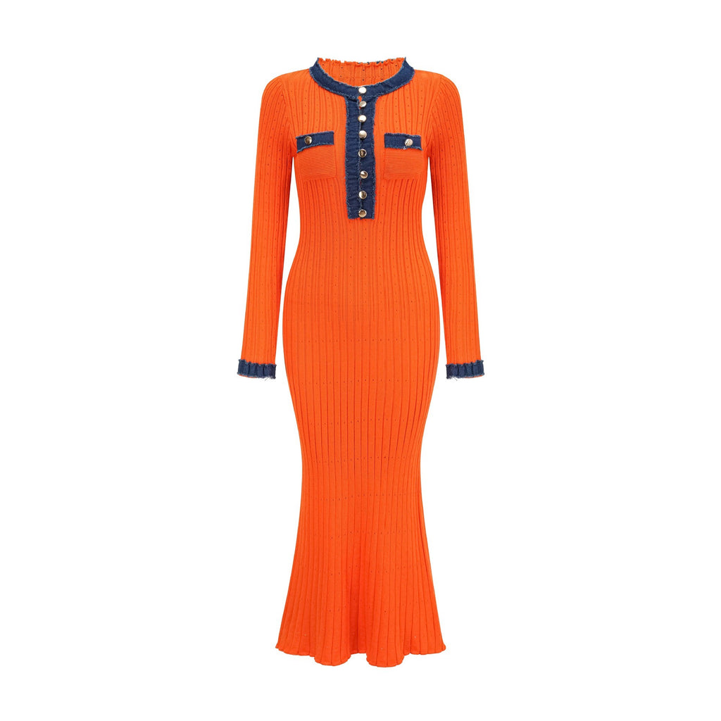 Robe mi-longue élégante en maille taille haute et coupe ajustée