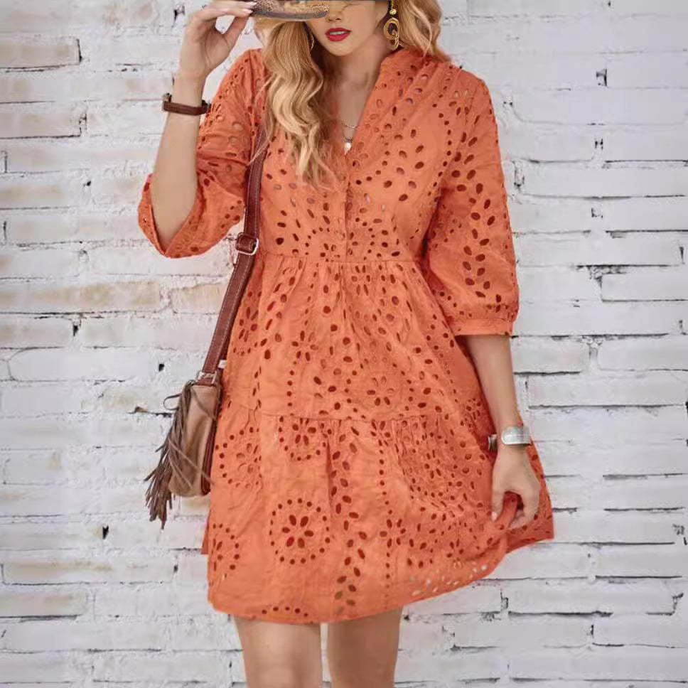 Women's Solid Color Button Dress in Lace Fabric