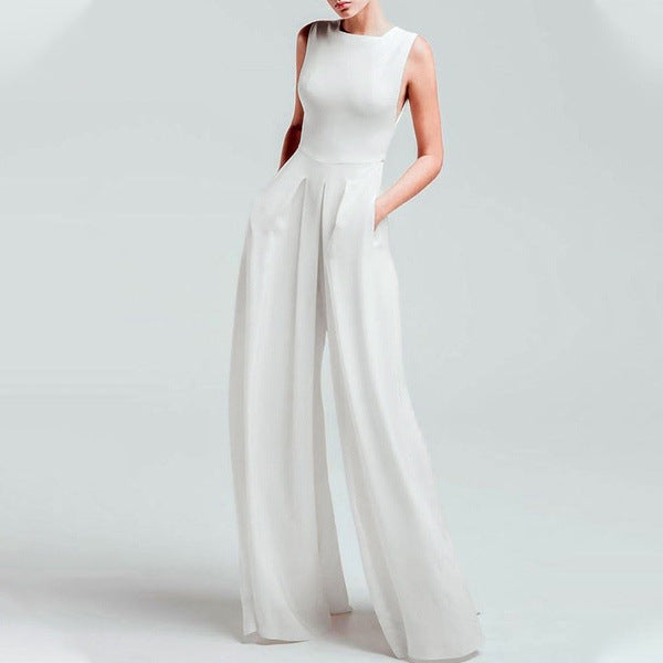Women's Polyester Sleeveless Wide-Leg Jumpsuit in White, Black & Blue