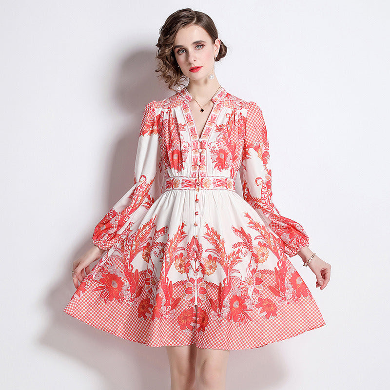Women's Red Retro Print Lantern Sleeve Mid Dress