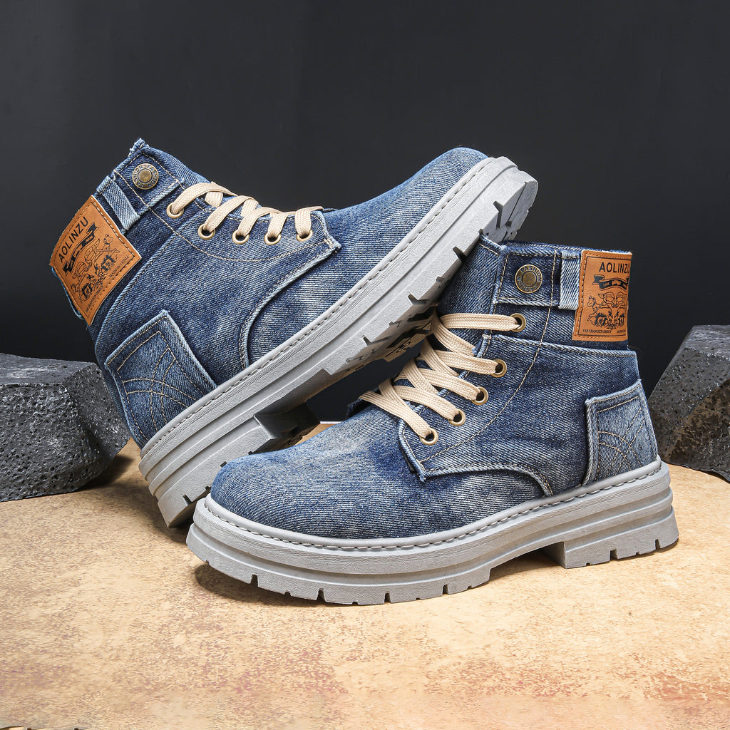 Chaussures de skate montantes en jean avec talon compensé bleu et noir