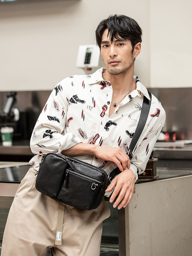 Leather Men's Black Shoulder Bag with Zipper, 26cm x 9cm x 18cm
