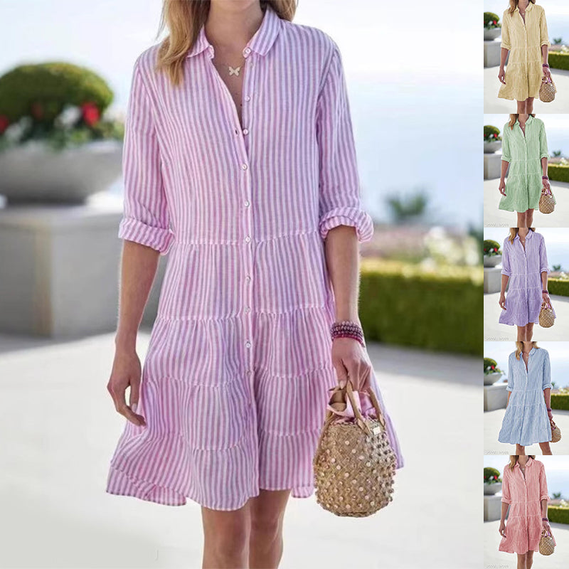 Striped Long-Sleeve Lapel Button Shirt Dress for Women