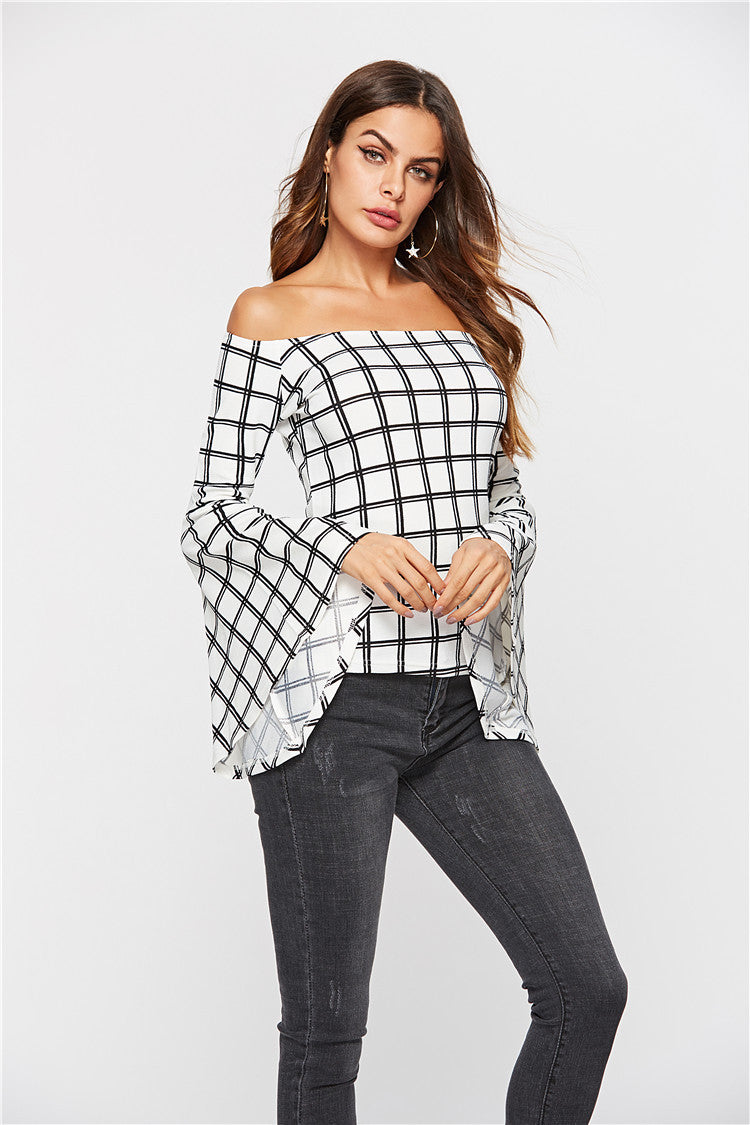 Off-The-Shoulder White Flared Sleeve Long-Sleeve Slim Fit T-Shirt for Women