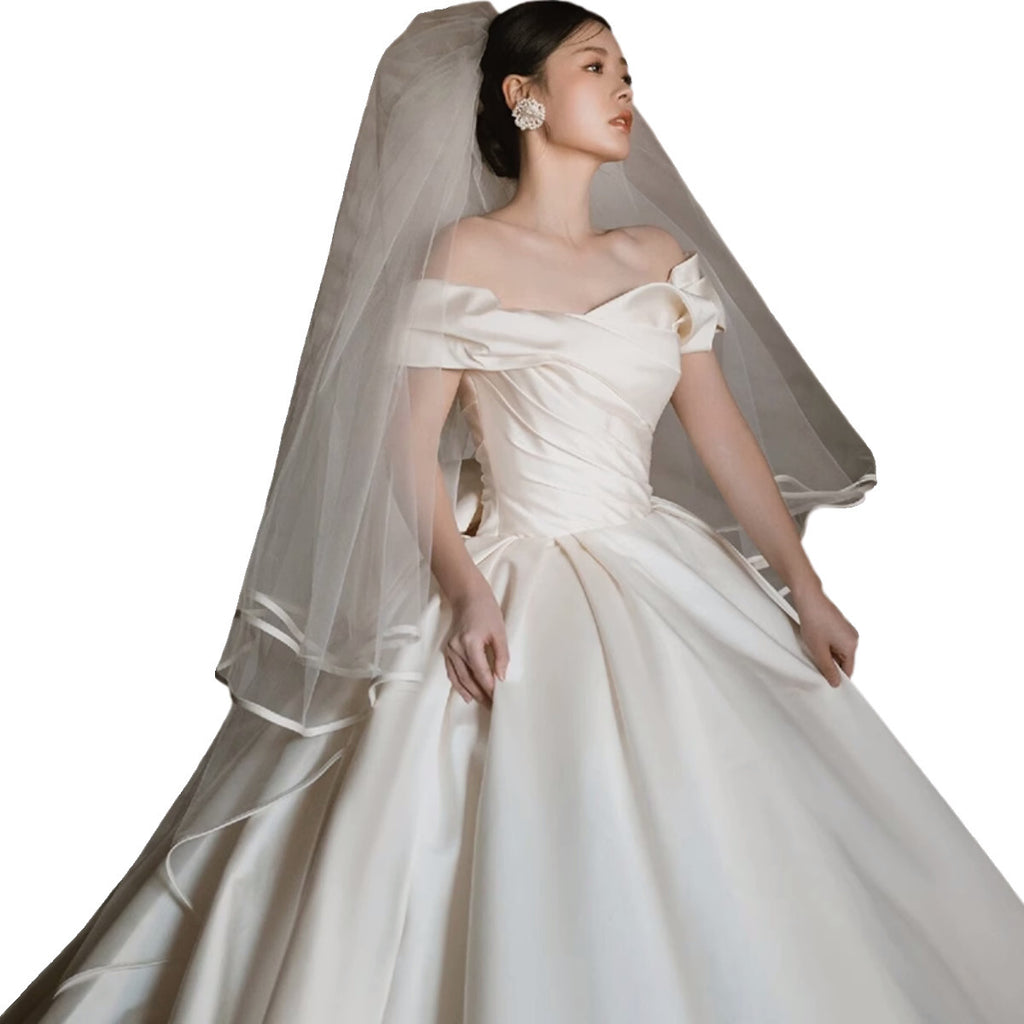 Robe de mariée en satin à épaules dénudées avec manches trois-quarts, jupe longue, tailles S-XXL