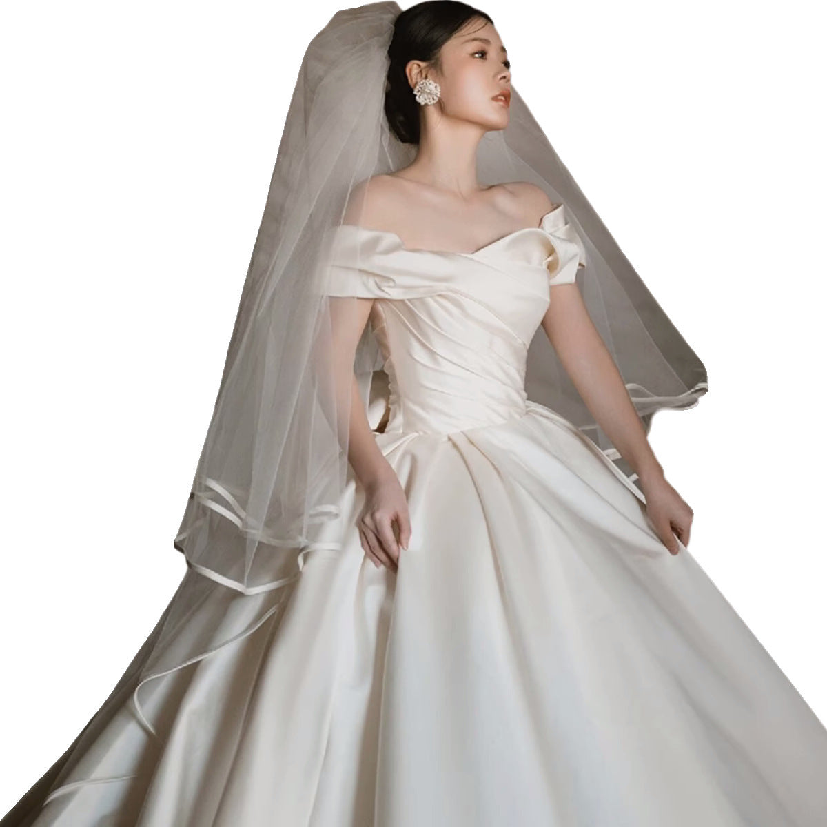 Robe de mariée en satin à épaules dénudées avec manches trois-quarts, jupe longue, tailles S-XXL