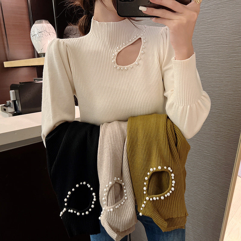 Beaded Half Turtleneck Puff Sleeve Long Sleeve Shirt
