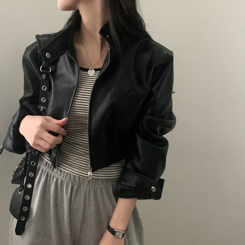 Blouson de moto en cuir pour femme, style rétro français, noir, col montant zippé, taille élastique, taille unique