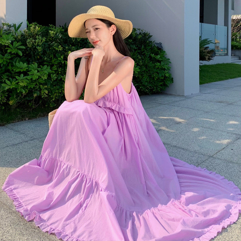 Purple Ramie Cotton French Strap Seaside Dress
