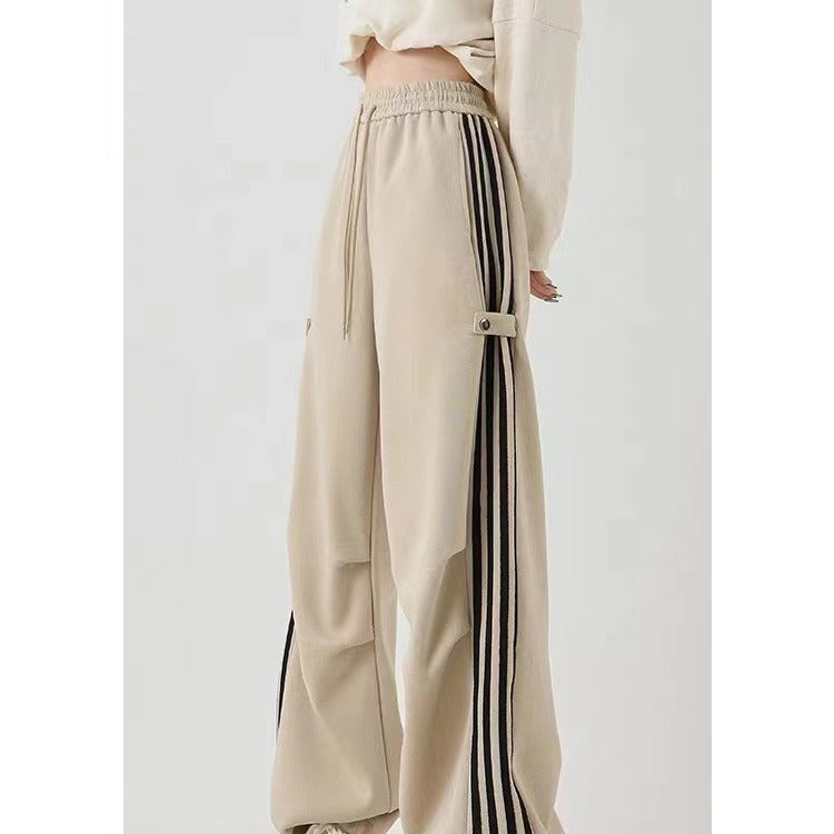 American Striped Wide-Leg Cotton Workwear Sweatpants in Khaki, Black & Dark Gray