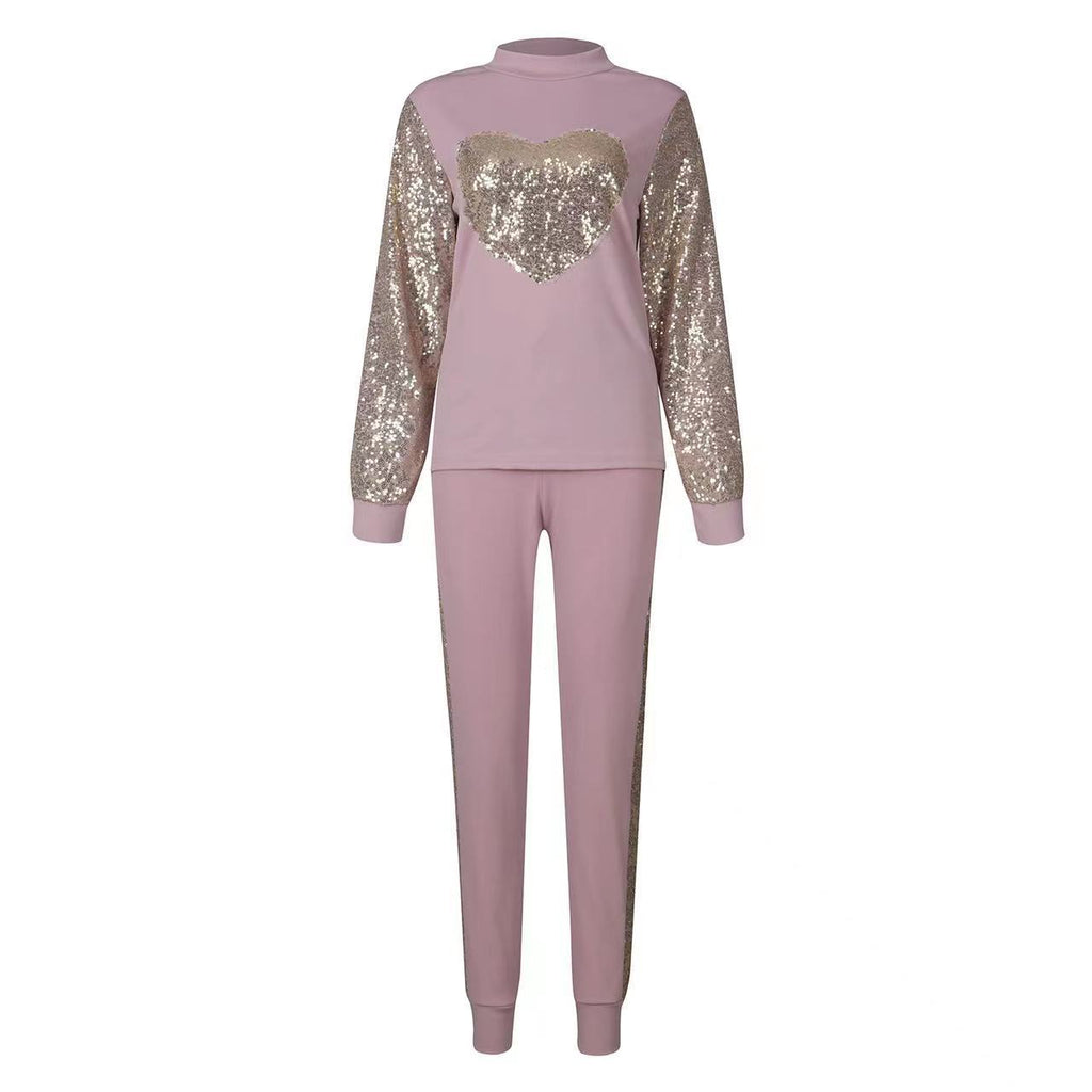 Ensemble décontracté en polyester rose cuir, top col roulé et pantalon à sequins Love pour femme