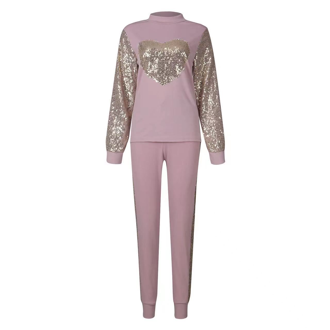 Ensemble décontracté en polyester rose cuir, top col roulé et pantalon à sequins Love pour femme